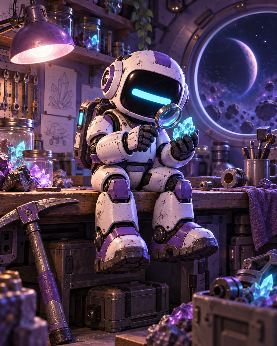 Milo inspecting a luminous crystal in his orbital workshop