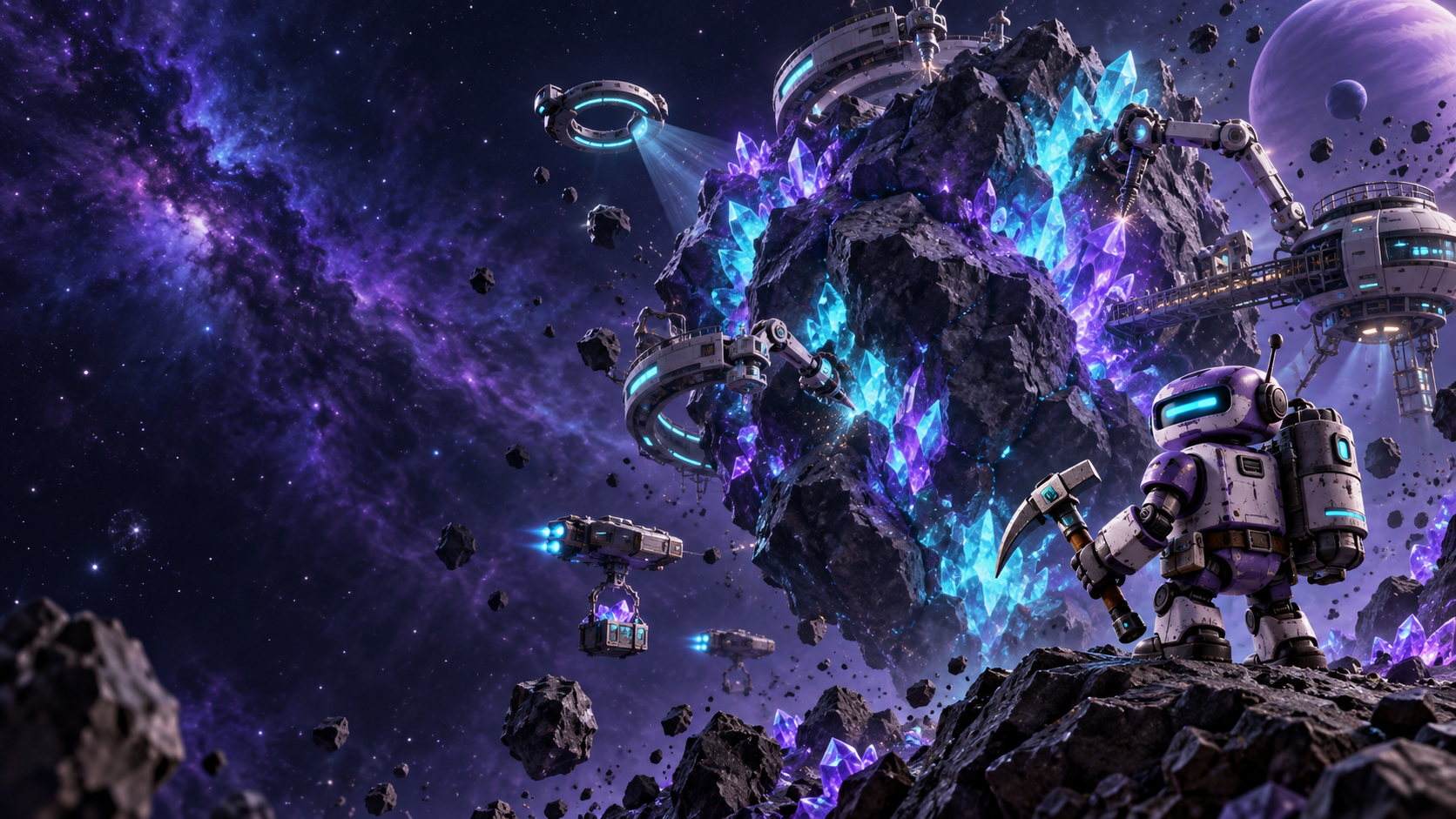 Mining robot beside a glowing crystal asteroid at a space station